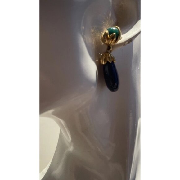 Vintage Neoclassical Faux Malacite & Faux Lapis Lazuli Gold Tone Earrings Boho - Picture 4 of 11